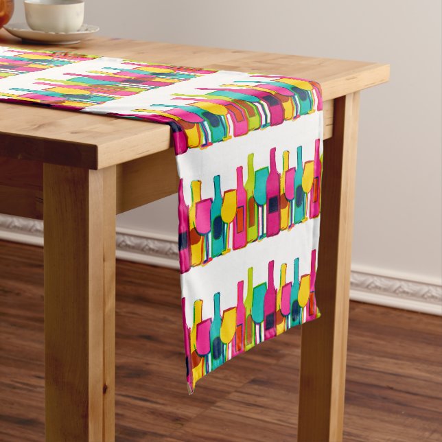 Cute colourful wine bottles pattern long table runner (In Situ)