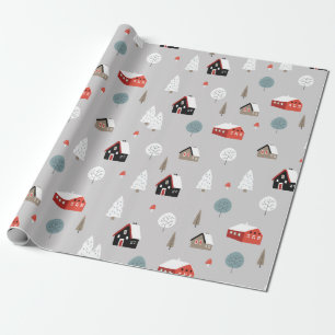 Cute colourful winter houses and trees pattern wrapping paper