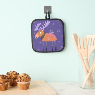 Cute Colourful Winter Moose Oven Mitt Pot Holder