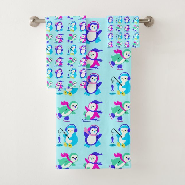 Cute Colourful Winter Penguins Bath Towel Set (Insitu)
