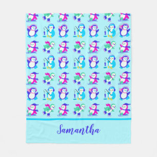 Cute Colourful Winter Penguins Personalised Fleece Blanket
