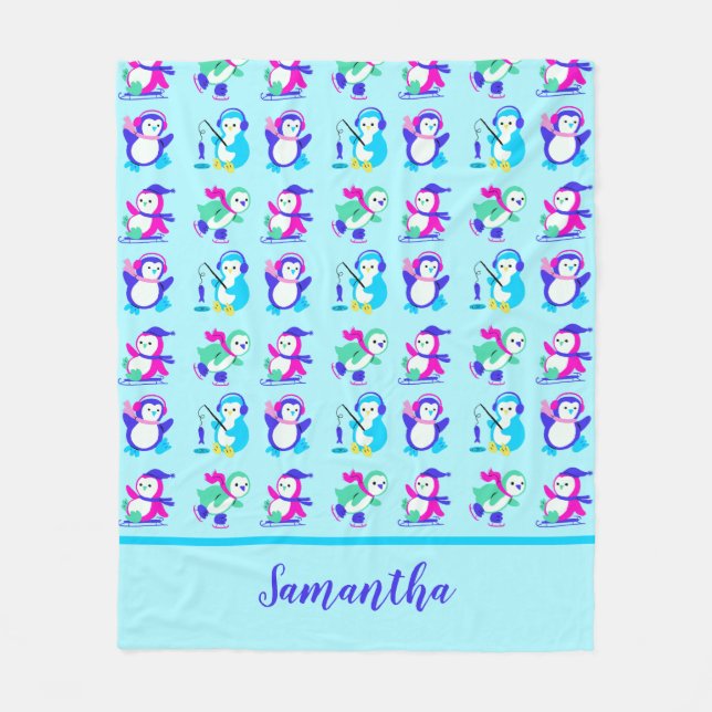 Cute Colourful Winter Penguins Personalised Fleece Blanket (Front)