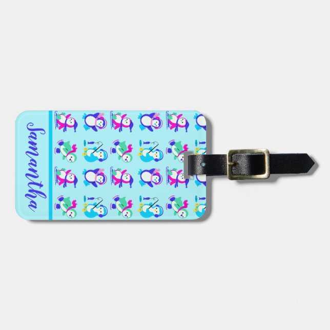 Cute Colourful Winter Penguins Personalised  Luggage Tag (Front Horizontal)