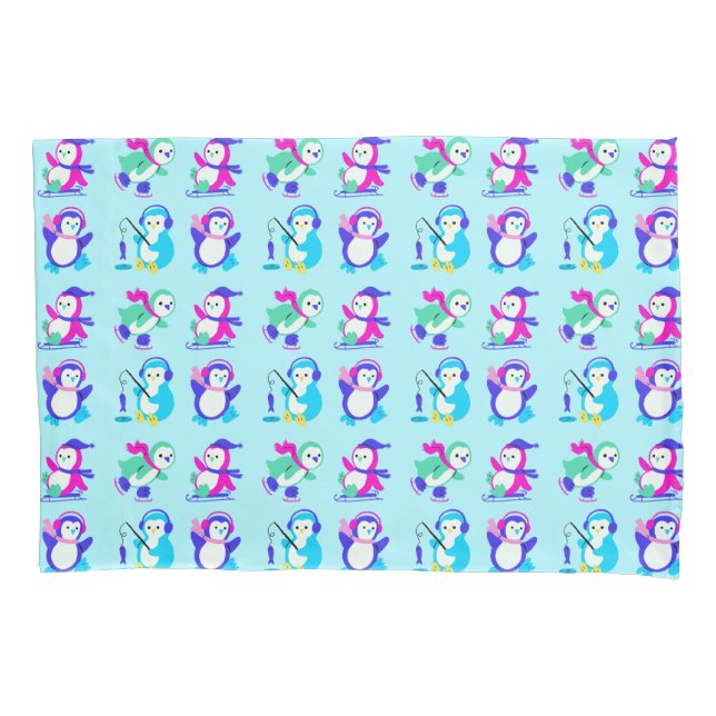 Cute Colourful Winter Penguins Pillowcase (Front)