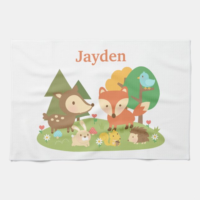 Cute Colourful Woodland Animal For Kids Tea Towel (Horizontal)