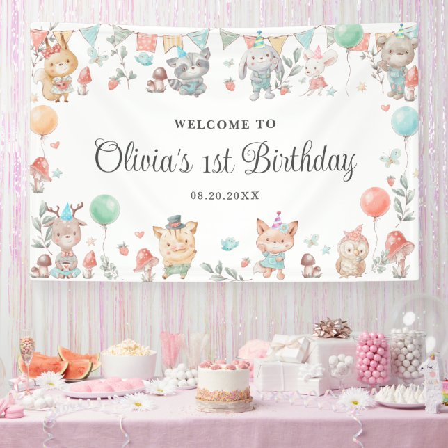 Cute Colourful Woodland Animals Birthday Backdrop Banner (Party)