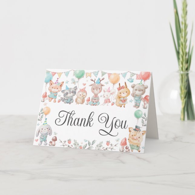 Cute Colourful Woodland Animals Birthday Party  Thank You Card (Front)