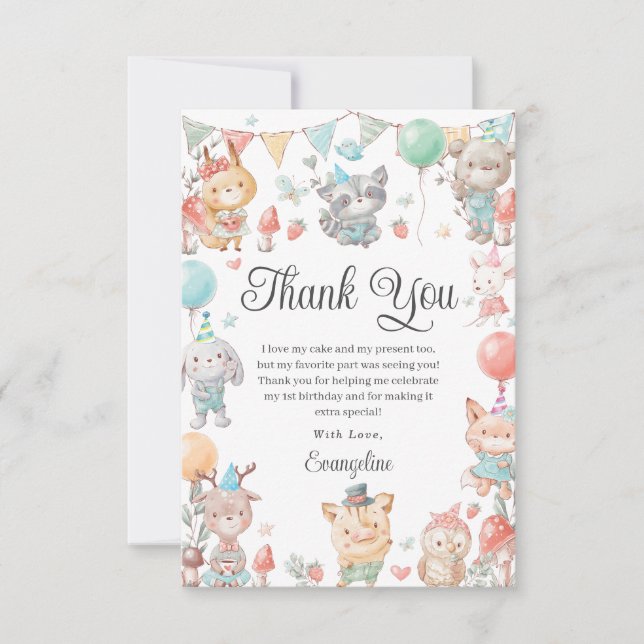 Cute Colourful Woodland Animals Birthday Party  Thank You Card (Front)