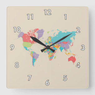 Cute & Colourful World Map Square Wall Clock