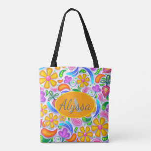 Cute Colourful Yellow and Purple Floral Monogram Tote Bag