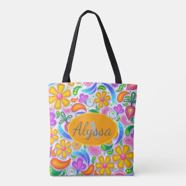 Cute Colourful Yellow and Purple Floral Monogram Tote Bag (Back)