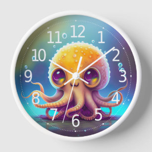 Cute Colourful Yellow Octopus Alien Artwork   Clock
