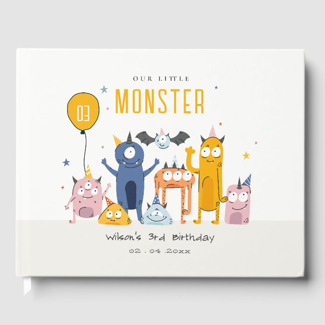 Cute Colourful Yellow Party Monsters Kids Birthday Guest Book (Front)