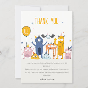Cute Colourful Yellow Party Monsters Kids Birthday Thank You Card