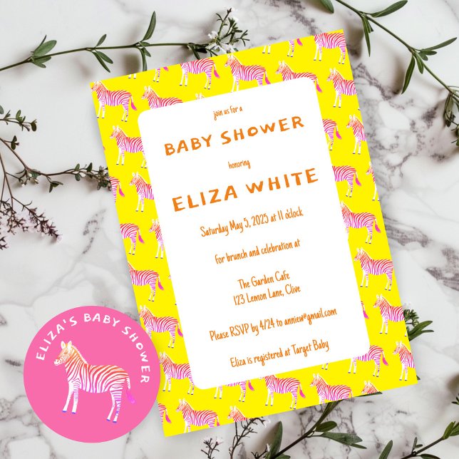 Cute Colourful Zebras Custom Baby Shower  Invitation (Cute Colorful Zebras Custom Baby Shower Invitation
Yellow Pink)
