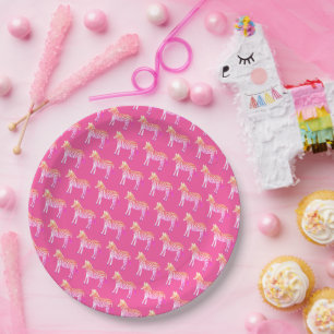 Cute Colourful Zebras Pink Baby Shower Paper Plate