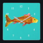 Cute comet goldfish pop art illustration square wall clock<br><div class="desc">From an original art illustration by Zoe Tuong of cute comet pet goldfish in orange and yellow swimming in a tank or pond. Aquatic animal theme for pet goldfish lovers and fish and aquarium hobby lovers everywhere.</div>