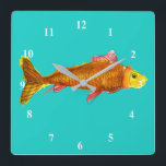 Cute comet goldfish pop art illustration square wall clock<br><div class="desc">From an original art illustration by Zoe Tuong of cute comet pet goldfish in orange and yellow swimming in a tank or pond.  Aquatic animal theme for pet goldfish lovers and fish and aquarium hobby lovers everywhere.</div>