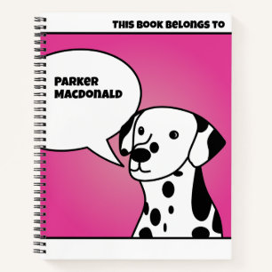 CUTE COMIC BLACK WHITE PUPPY DOGS SPOTS PINK NAME NOTEBOOK