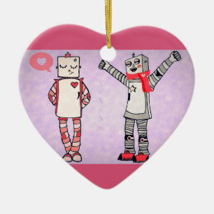 Cute Comic Style Vintage Valentine's Day Robots Ceramic Tree Decoration