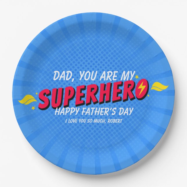 Cute Comic Superhero Fathers Day Paper Plates (Front)