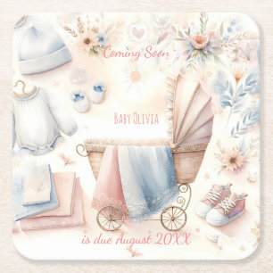 Cute coming soon announcement Invitation Square Paper Coaster
