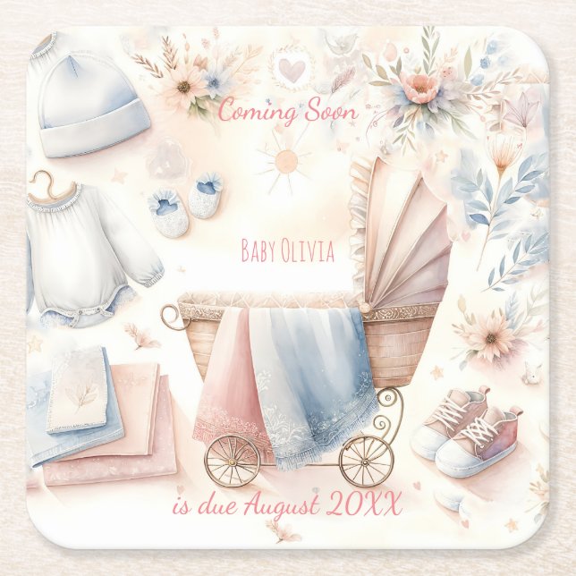 Cute coming soon announcement Invitation Square Paper Coaster (Front)