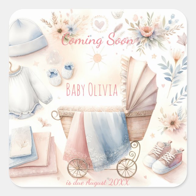 Cute coming soon announcement Invitation Square Sticker (Front)