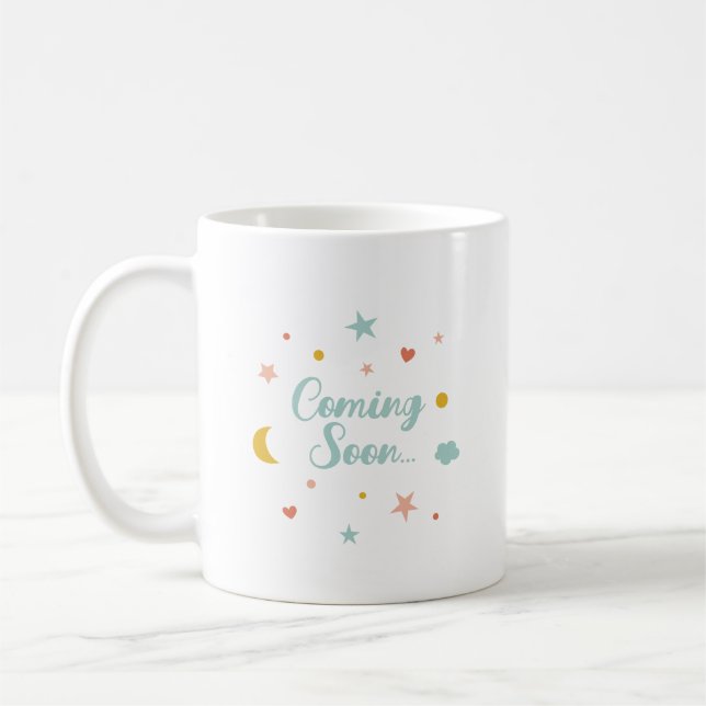 Cute Coming Soon with moon, stars, hearts, cloud Coffee Mug (Left)