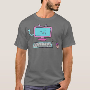 Cute Computer Cat With Keyboard And Mouse  T-Shirt