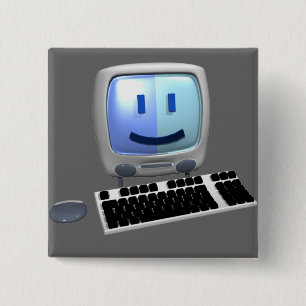 Cute computer face. 15 cm square badge
