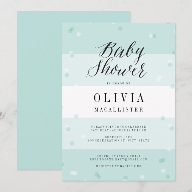 Cute Confetti Aqua Stripes Boy Baby Shower Invite (Front/Back)