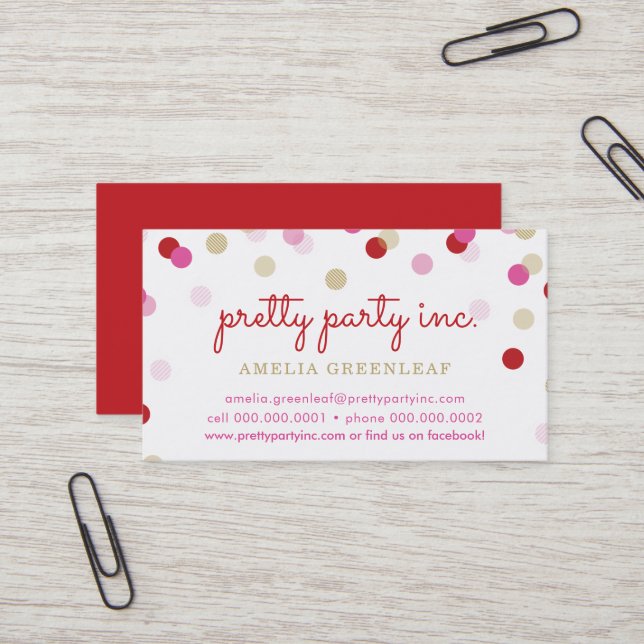 CUTE CONFETTI SPOTS stylish party planner red pink Business Card (Front/Back In Situ)