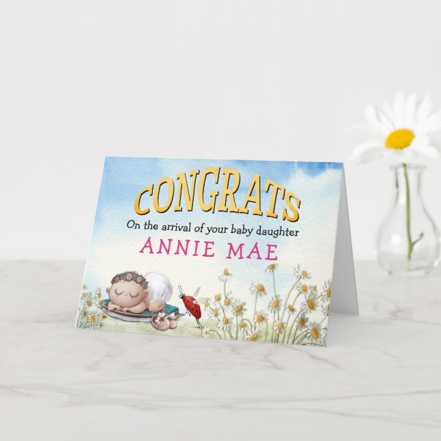 Cute Congrats New Baby Girl Name Card (Small Plant)