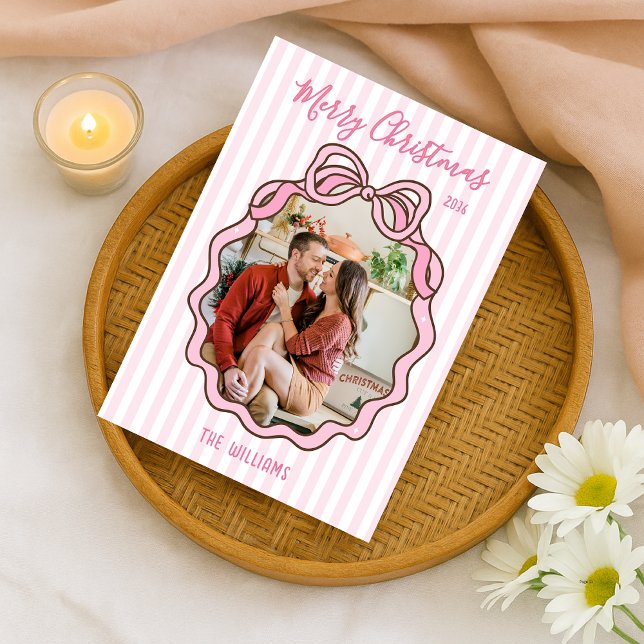 Cute Conquette Pink Bow Custom Photo Holiday Card (Creator Uploaded)