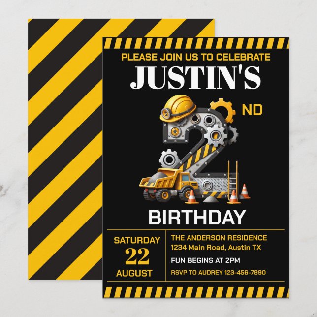 Cute Construction 2nd Birthday Party Invitation (Front/Back)