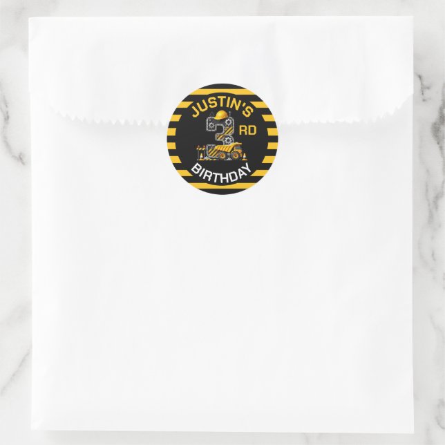 Cute Construction 3rd Birthday Classic Round Sticker (Bag)
