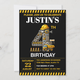 Cute Construction 4th Birthday Party Invitation
