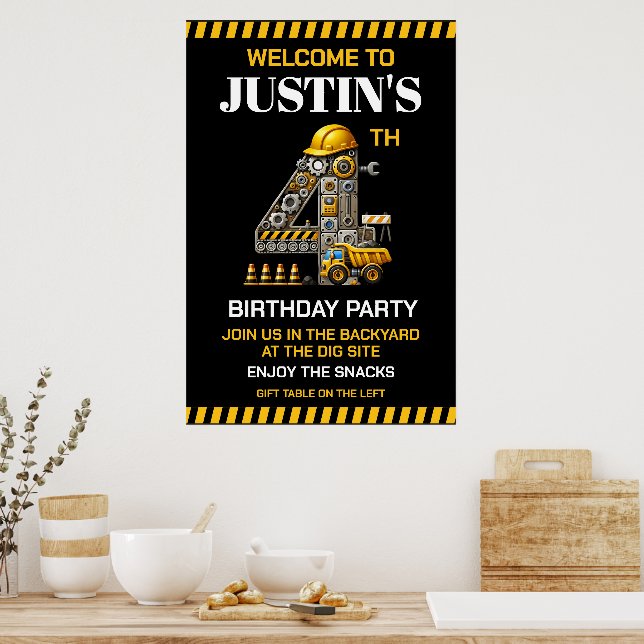 Cute Construction 4th Birthday Party Poster (Kitchen)