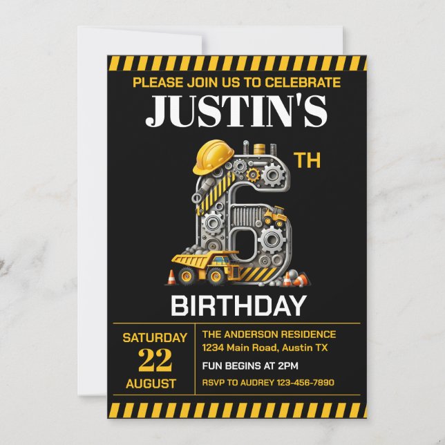 Cute Construction 6th Birthday Party Invitation (Front)