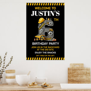 Cute Construction 6th Birthday Party Poster