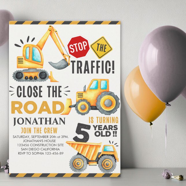 Cute Construction Birthday Party 5th Years Invitation (Creator Uploaded)