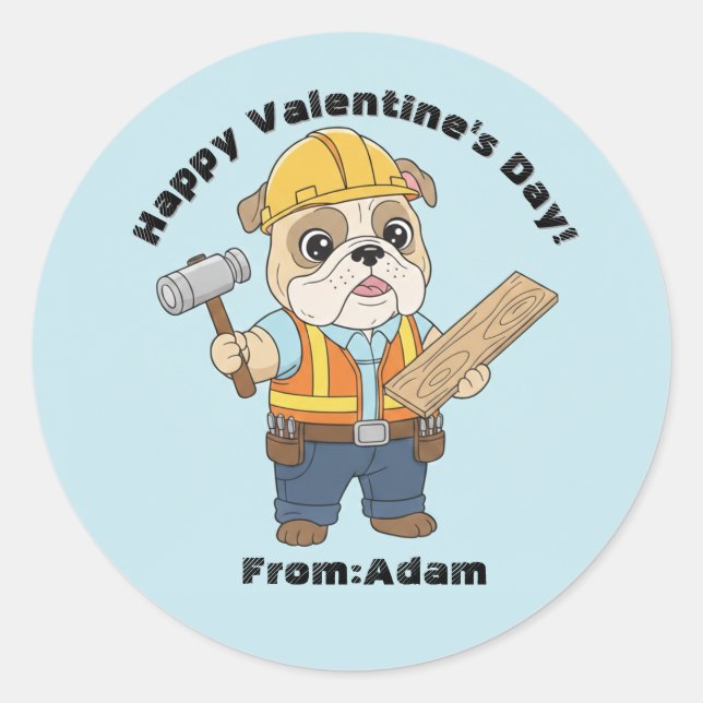Cute Construction Bulldog  Valentine  Classic Round Sticker (Front)