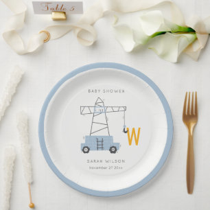 Cute Construction Crane Boy's Urban Baby Shower Paper Plate