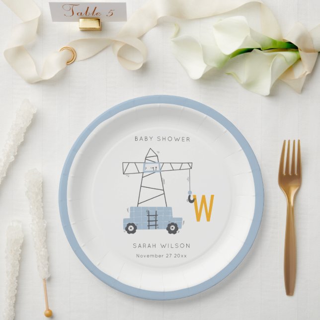 Cute Construction Crane Boy's Urban Baby Shower Paper Plate (Wedding)