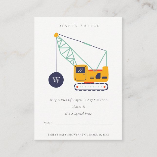 Cute Construction Crane Diaper Raffle Baby Shower Enclosure Card (Front)