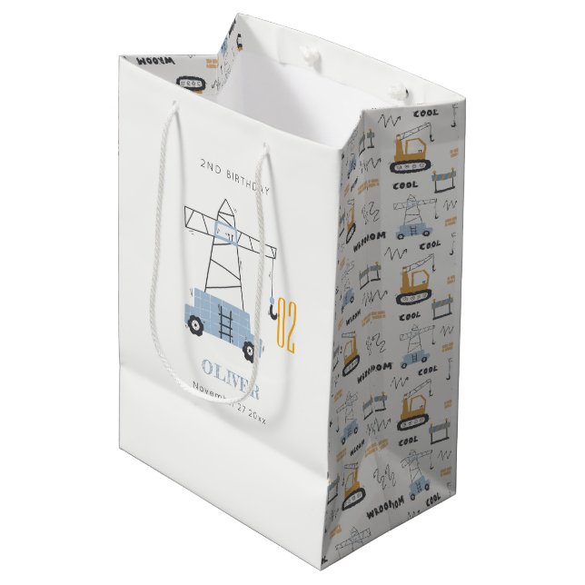 Cute Construction Crane Kids Any Age Birthday  Medium Gift Bag (Front Angled)