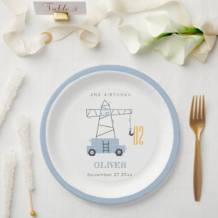 Cute Construction Crane Kids Any Age Birthday Paper Plate