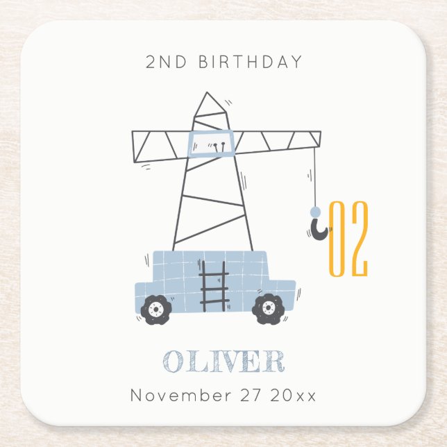 Cute Construction Crane Kids Any Age Birthday Square Paper Coaster (Front)