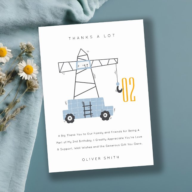 Cute Construction Crane Kids Any Age Birthday  Thank You Card (Creator Uploaded)